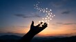 © Nadira - Hand releasing sparkling butterflies into colorful sunset sky with mountains