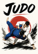 © Lev - 082-50-Two judoka performing a throw against a japanese rising sun and brush strokes
