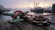 © ayatullah - Rusty metal cleat securing a heavy ship mooring chain on a wooden pier