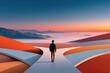 © Georgii - Lone figure walking along surreal curved path at sunset above misty mountains, conceptual journey and choice