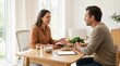 © Tonton1541 - Gut-Brain Axis Microbiome Depression concept. Two people having a friendly conversation across a dining table at home