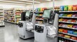 © Oleg - Modern self checkout kiosks in a bright supermarket aisle. Automated retail payment stations beside colorful snack shelves in a clean grocery store interior.