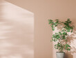 © CreatifyStudio - Peach wall background with a green potted plant and soft window shadows for video calls.