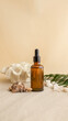 © shine.graphics - Amber glass dropper bottle with natural elements on sandy beach background