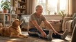 © Pathum Dilshan - Senior man practicing yoga with golden retriever
