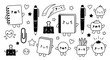 © Kulsum - Cute kawaii school stationery icon set featuring happy notebooks pens binder clips paper clips and heart characters in black line vector.