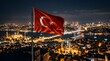 © Mafridazannaty - Turkish Flag Waving Over Istanbul Cityscape at Night with Bosphorus Bridge View