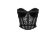 © Sahed - Black strapless corset with intricate floral lace overlay, structured boning, and front hook-and-eye closure on a black background
