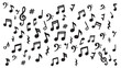 © skakter24 - Notes musical scattered set with black eighth notes and rests on white background featuring music symbols, treble clef, bass clef with sharp and flat