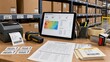 © Юлия Сергеева - Warehouse operations involve data tracking and inventory management with devices, documents, and labels on a workspace near storage boxes