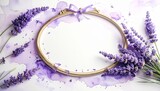 Beautiful oval gold frame decorated with fresh lavender flowers and elegant silk ribbon on a soft purple watercolor background texture.