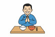 © bayu - Senior Asian man praying before eating meal on white background