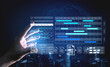 © InfiniteFlow - Modern digital interface displaying a calendar and project management tools. A hand gestures to interact with the technology against a city skyline backdrop. Gantry