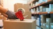 © Ivan - Warehouse worker sealing cardboard box with adhesive tape dispenser. Man packing order for shipment in logistics center. E-commerce delivery process and supply chain management concept.