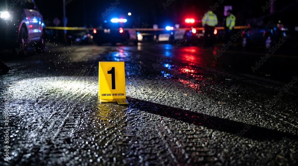 Crime scene marker at night with police cars and tape Stock Photo ...