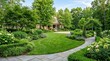 © Coosh448 - Green garden landscape with manicured plants and open lawn, serene outdoor design concept for landscaping, wellness and home lifestyle themes, fresh foliage and balanced composition create peaceful