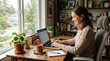© Coosh448 - Woman working remotely from home with laptop and coffee, calm productivity lifestyle scene, cozy desk setup, natural morning routine, modern freelance concept, soft window light, realistic detail,