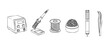 © Fernando - Soldering station tools set line art icon, electronic repair equipment including iron stand, wire spool, solder sucker, and tweezers for electrical engineering workshop or technical manufacturing work