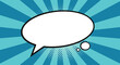© Rafiya1727 - Empty white comic book speech bubble sits on a cyan sunburst background with halftone dots for retro pop art design.