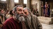 © Svitlana Vorotniak - King Herod in royal robe standing on elevated throne while crowd of man listens. Biblical scene from Acts of Apostles. Historical religious drama, ancient Jerusalem kingdom court setting.