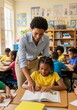 © ECHOLOGIC - Teacher Assisting Student at Classroom Desk with Natural Lighting