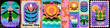 © Ardea-studio - Summer vibe. Postage stamps. Vector bold, trendy, abstract, modern, tropical, retro illustration of palm tree, flower, sun, travel, vacation, and cocktails for an interior wall poster, print, icons or