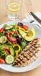 © Sakil - Grilled chicken breast salad with fresh avocado cucumber tomato and colorful bell peppers on a plate with a glass of water