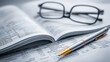 © Generative AI - Close-up of an open ledger book with a pen and glasses, signifying financial analysis and business planning