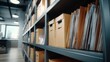 © Generative AI - Organized archive shelves with files and boxes in an office storage room