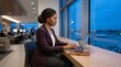 © Buddhika - Confident Black Female CEO Working on Laptop in Contemporary Airport Executive Lounge at Blue Hour – Professional Travel Productivity Lifestyle Portrait with Copy Space