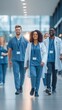 © Generative AI - Diverse medical professionals walking together in a modern hospital hallway with smiles