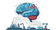 © Monira - A stylized human brain composed of blue circuit boards connects to a small industrial factory via thin black data lines on a clean white background.