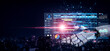 © InfiniteFlow - Futuristic Digital Dashboard Displaying Project Timeline, Data Visualization, and Analytics Over City Background at Night Fluxor.