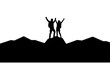 © Kulsum - Silhouette of Two Hikers Celebrating on Mountain Summit with Raised Hands, Adventure, and Success Concept