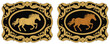©  Masud Khabir - Horse label belt buckle vector illustration in western rodeo cowboy ranch style with gold and silver silhouettes and classic rodeo motifs