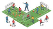 © HambaTuhanImages - Isometric vector art illustration showcasing a soccer coach directing a team of cartoon characters during a practice drill, running and dribbling the ball on a green field with cones