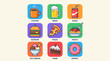 © narastockimages - Collection of icons representing various food and drink items, including coffee, beer, soda, burger, pizza, pasta, ice cream, cake, and donut