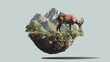 © Mnur - Mountain goat grazes on a floating island of earth surrounded by jagged peaks.