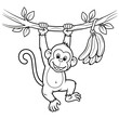 © Tahiya Anjum - Cute cartoon monkey hanging from a tree branch with a bunch of fresh yellow bananas for a fun jungle animal coloring page activity for kids and toddlers to enjoy