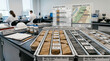 © AiHRG Design - Two people work in a laboratory setting. They analyze geological samples laid out on a table. A map shows the study area with detailed notes.