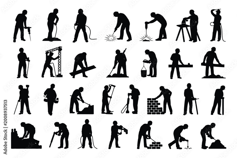 Construction workers silhouette set performing tasks in various poses ...
