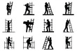 © Newton - Diverse silhouettes of construction workers climbing ladders against a plain background showcase various hand tools and safety gear for industrial training materials or workplace