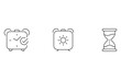 © Piyali - Alarm clock and hourglass icon set featuring minimalist outline styles with check mark sun and sand timer symbols for schedule management.