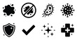 © GoDesigner - Cleanliness and hygiene icons including germs, shield, checkmark, sparkle, and medical cross.