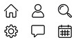 © Farzana - home user profile magnifying glass gear settings chat bubble calendar event outline icons on white background