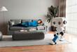 © Rendara Studio - 3D robot vacuum lounge with woman resting in quiet home