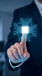 © artifexgenz - A businessman points his finger at a glowing digital microchip circuit representing future innovation and advanced modern computing systems