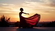 © David Andres - Silueta de bailadora de flamenco con vestido fluido, fondo limpio, espacio para texto, estilo moderno de marca, tonos cálidos