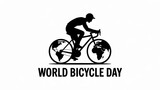 World Bicycle Day silhouette of a cyclist with world map wheels isolated on white background