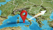 © Frame Stocks - A map with a marker showing a journey from Italy to Romania. An arrow marks the direction from Italy to Romania